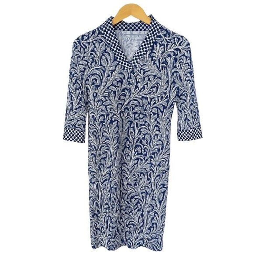 J.McLaughlin Leaf Print Catalina Dress – Navy, Ruffle Neck, Small